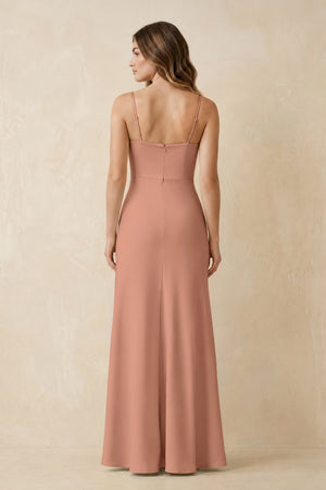 Spaghetti Strap Sheath Satin Bridesmaid Dress With Slit in Rosette (2) | KISSBRIDAL