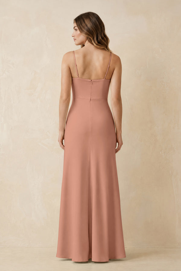 Spaghetti Strap Sheath Satin Bridesmaid Dress With Slit in Rosette (2) | KISSBRIDAL