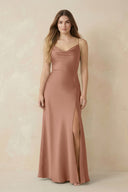 Spaghetti Strap Sheath Satin Bridesmaid Dress With Slit in Rosette - KISS BRIDAL Bridesmaid Dresses