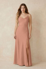 Spaghetti Strap Sheath Satin Bridesmaid Dress With Slit in Rosette | KISSBRIDAL
