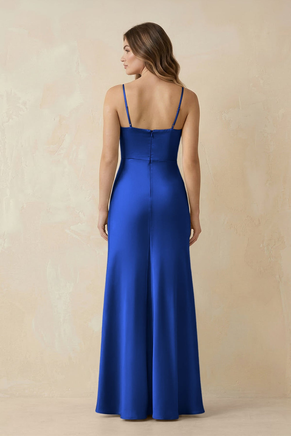 Spaghetti Strap Sheath Satin Bridesmaid Dress With Slit in Royal Blue - KISS BRIDAL Bridesmaid Dresses