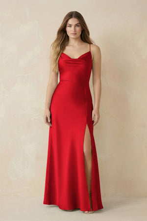 Spaghetti Strap Sheath Satin Bridesmaid Dress With Slit in Ruby Red - KISS BRIDAL Bridesmaid Dresses