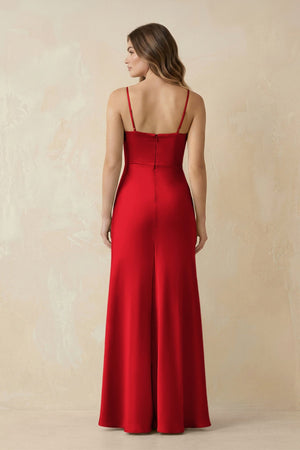 Spaghetti Strap Sheath Satin Bridesmaid Dress With Slit in Ruby Red - KISS BRIDAL Bridesmaid Dresses