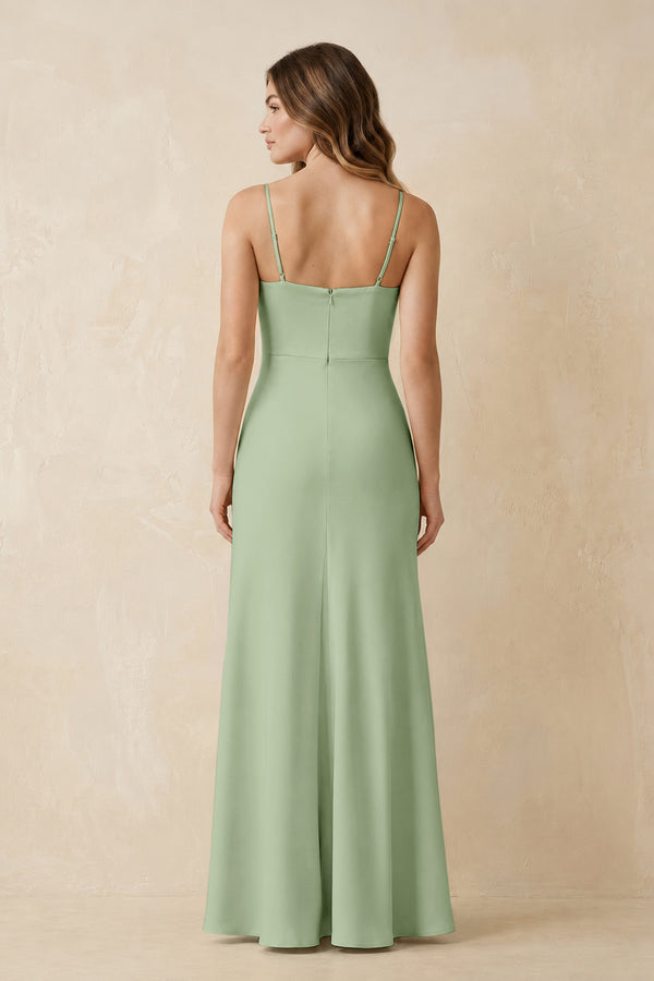 Spaghetti Strap Sheath Satin Bridesmaid Dress With Slit in Sage (2) | KISSBRIDAL