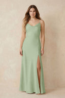 Spaghetti Strap Sheath Satin Bridesmaid Dress With Slit in Sage | KISSBRIDAL