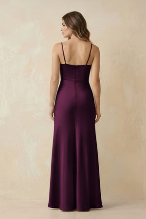 Spaghetti Strap Sheath Satin Bridesmaid Dress With Slit in Sangria - KISS BRIDAL Bridesmaid Dresses