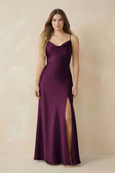 Spaghetti Strap Sheath Satin Bridesmaid Dress With Slit in Sangria - KISS BRIDAL Bridesmaid Dresses