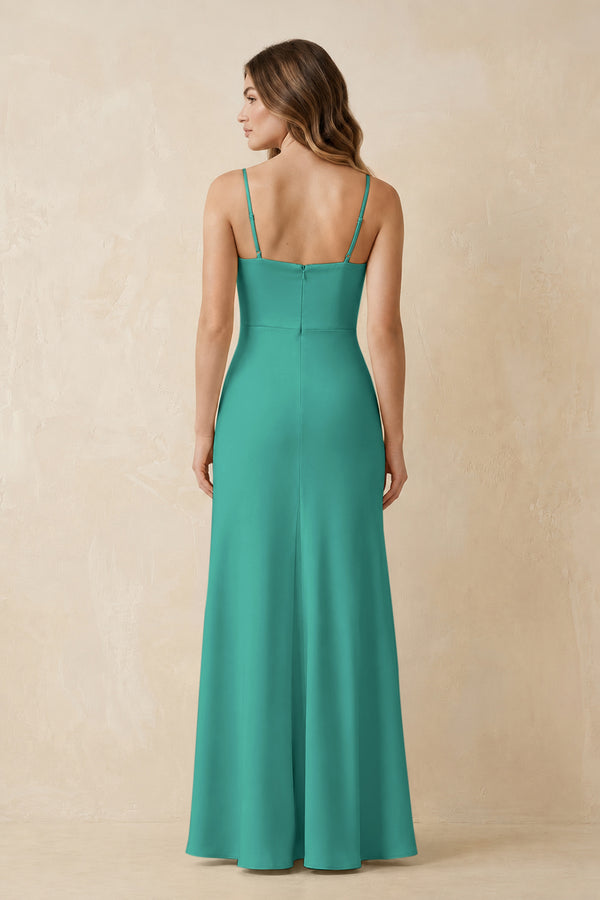 Spaghetti Strap Sheath Satin Bridesmaid Dress With Slit in Sea Glass (2) | KISSBRIDAL