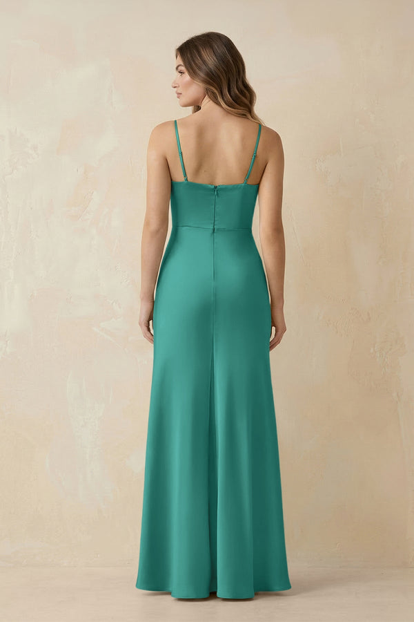 Spaghetti Strap Sheath Satin Bridesmaid Dress With Slit in Sea Glass - KISS BRIDAL Bridesmaid Dresses