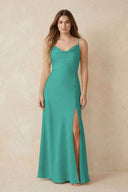 Spaghetti Strap Sheath Satin Bridesmaid Dress With Slit in Sea Glass | KISSBRIDAL