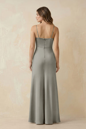 Spaghetti Strap Sheath Satin Bridesmaid Dress With Slit in Silver - KISS BRIDAL Bridesmaid Dresses
