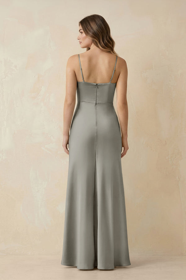 Spaghetti Strap Sheath Satin Bridesmaid Dress With Slit in Silver - KISS BRIDAL Bridesmaid Dresses