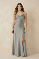 Spaghetti Strap Sheath Satin Bridesmaid Dress With Slit in Silver - KISS BRIDAL Bridesmaid Dresses