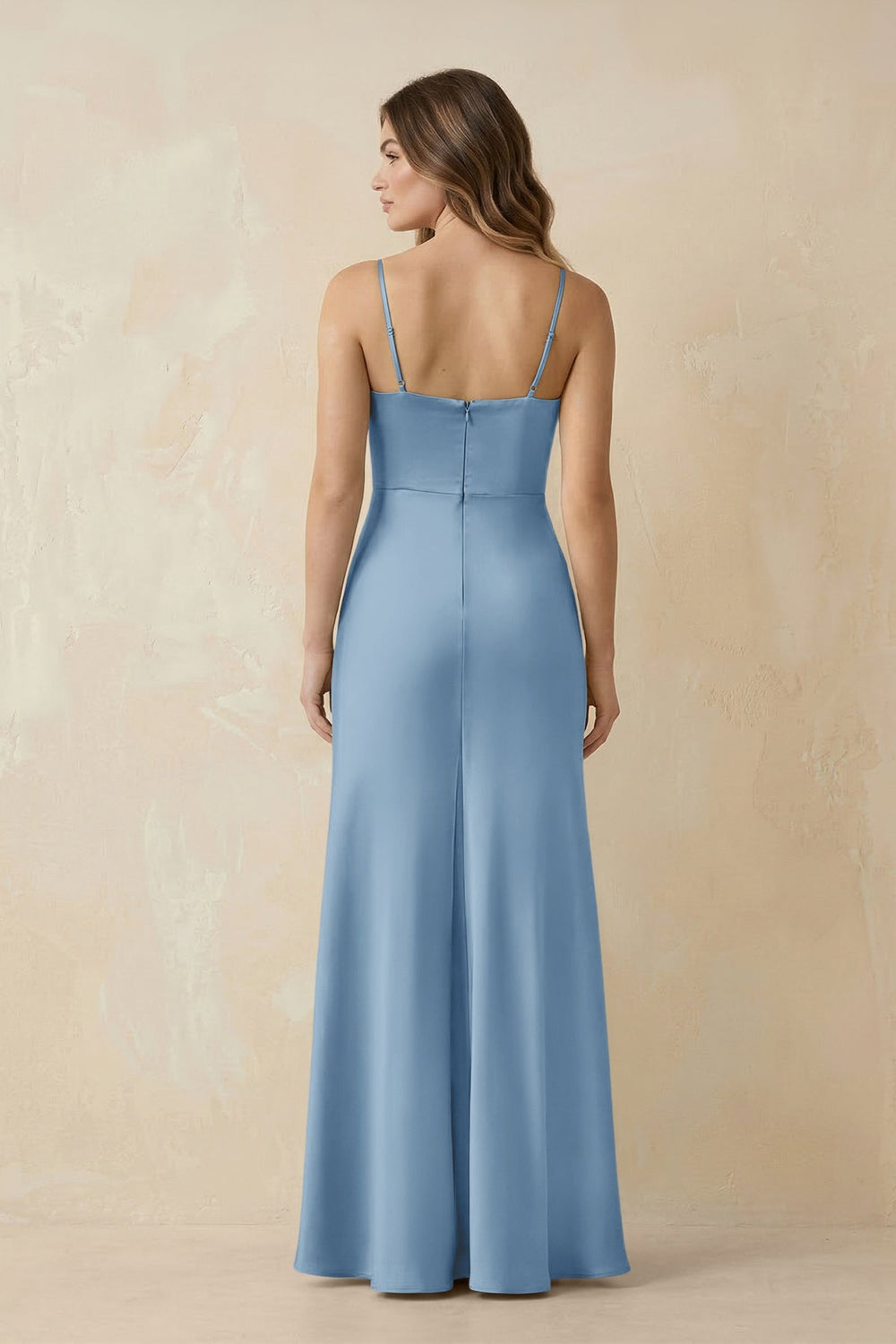 Spaghetti Strap Sheath Satin Bridesmaid Dress With Slit in Sky Blue - KISS BRIDAL Bridesmaid Dresses