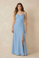 Spaghetti Strap Sheath Satin Bridesmaid Dress With Slit in Sky Blue | KISSBRIDAL