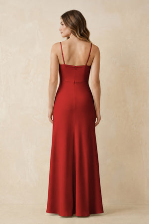 Spaghetti Strap Sheath Satin Bridesmaid Dress With Slit in Spice (2) | KISSBRIDAL