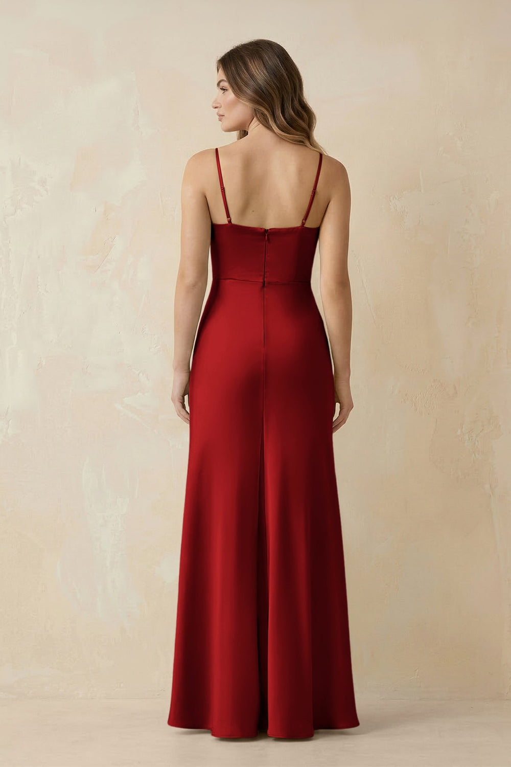 Spaghetti Strap Sheath Satin Bridesmaid Dress With Slit in Spice - KISS BRIDAL Bridesmaid Dresses