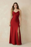 Spaghetti Strap Sheath Satin Bridesmaid Dress With Slit in Spice - KISS BRIDAL Bridesmaid Dresses