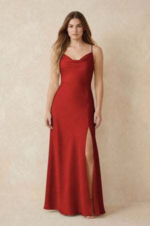 Spaghetti Strap Sheath Satin Bridesmaid Dress With Slit in Spice | KISSBRIDAL
