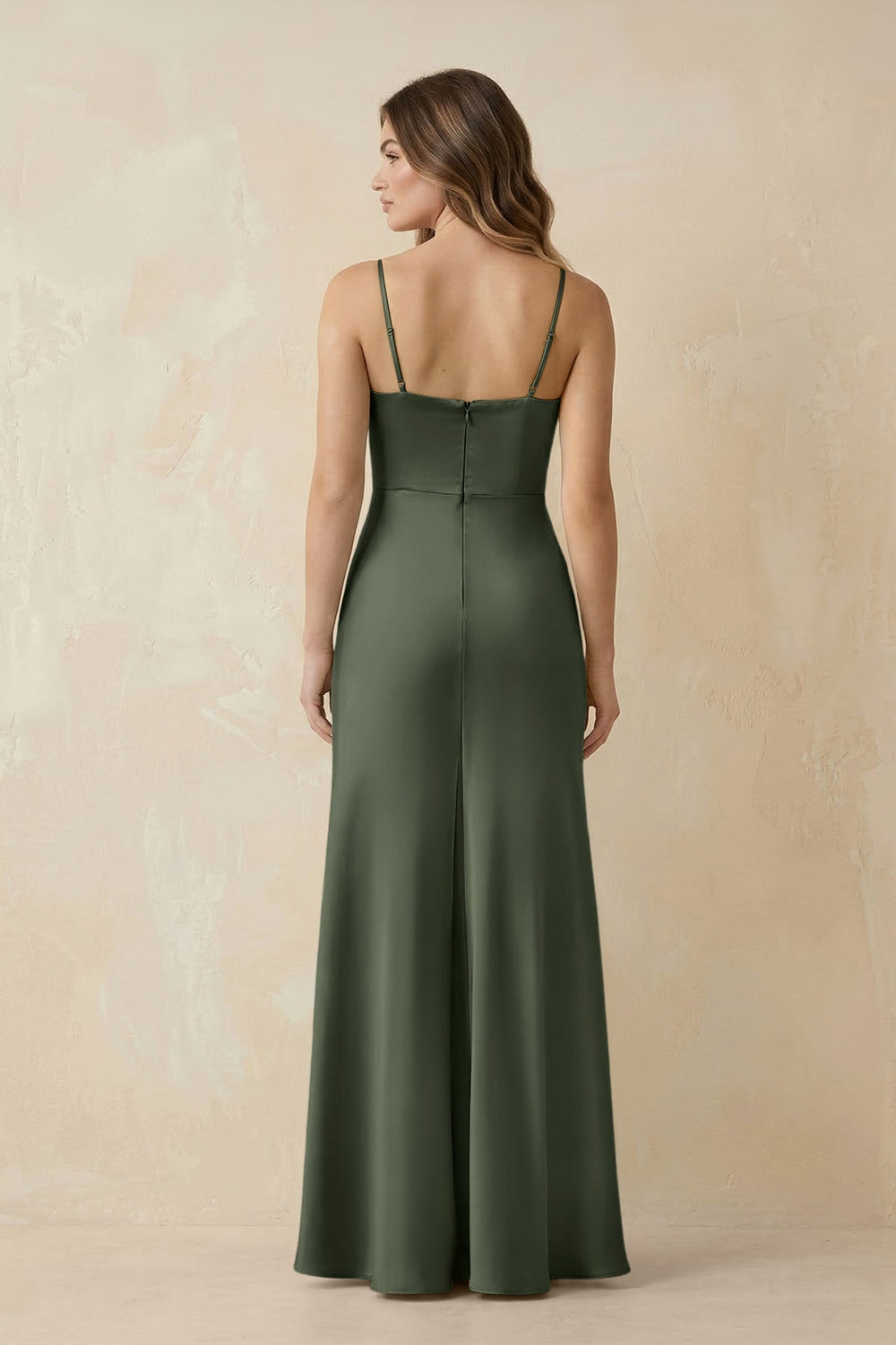 Spaghetti Strap Sheath Satin Bridesmaid Dress With Slit in Thyme - KISS BRIDAL Bridesmaid Dresses