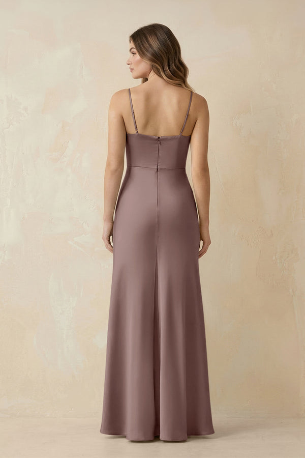 Spaghetti Strap Sheath Satin Bridesmaid Dress With Slit in Toffee - KISS BRIDAL Bridesmaid Dresses