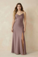 Spaghetti Strap Sheath Satin Bridesmaid Dress With Slit in Toffee - KISS BRIDAL Bridesmaid Dresses