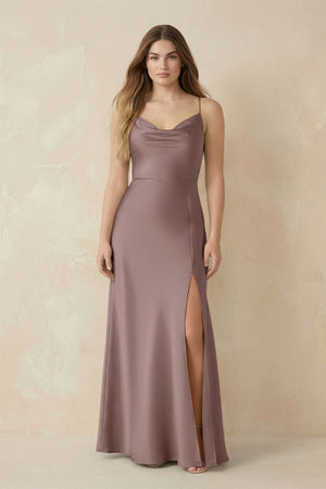 Spaghetti Strap Sheath Satin Bridesmaid Dress With Slit in Toffee - KISS BRIDAL Bridesmaid Dresses