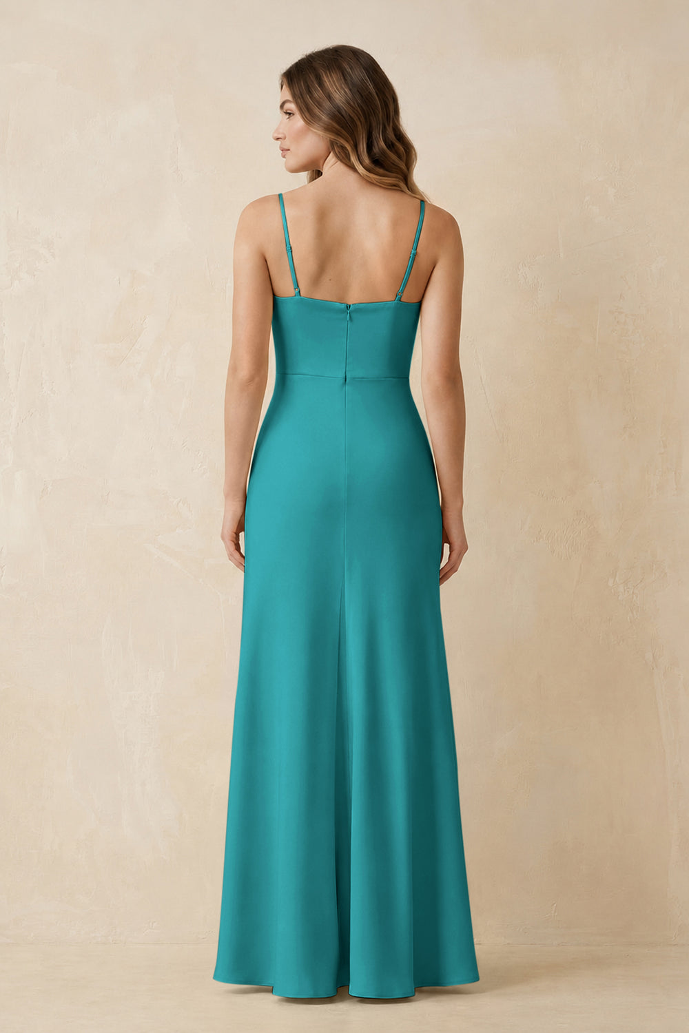 Spaghetti Strap Sheath Satin Bridesmaid Dress With Slit in Turquoise