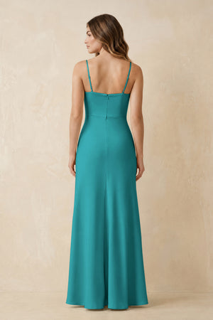 Spaghetti Strap Sheath Satin Bridesmaid Dress With Slit in Turquoise (2) | KISSBRIDAL