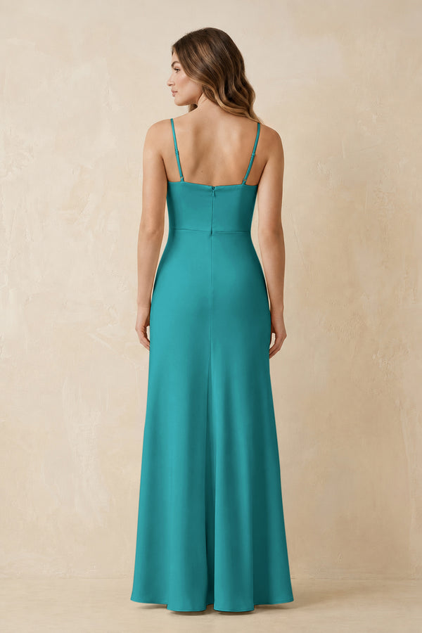 Spaghetti Strap Sheath Satin Bridesmaid Dress With Slit in Turquoise (2) | KISSBRIDAL