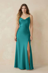Spaghetti Strap Sheath Satin Bridesmaid Dress With Slit in Turquoise - KISS BRIDAL Bridesmaid Dresses