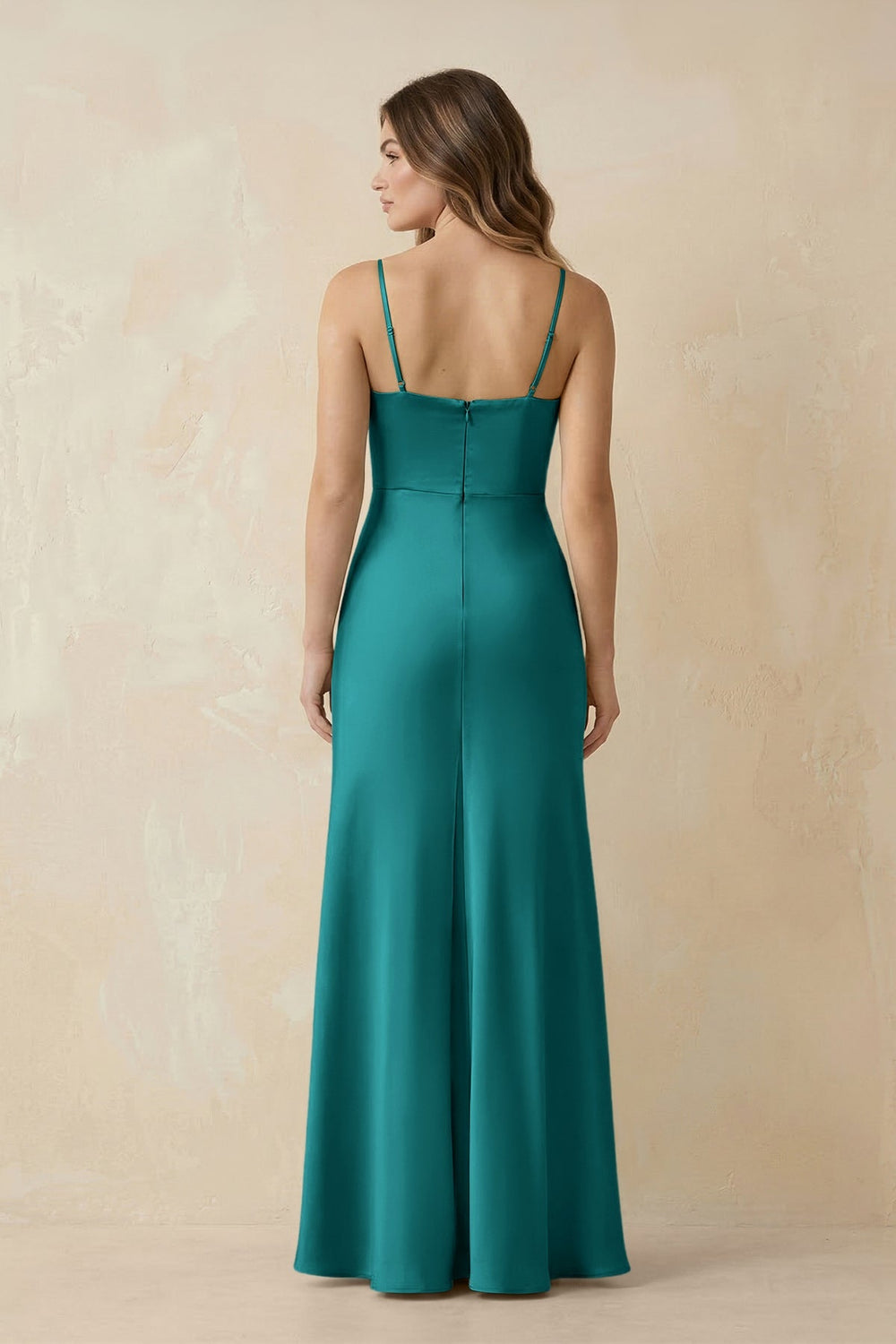 Spaghetti Strap Sheath Satin Bridesmaid Dress With Slit in Turquoise - KISS BRIDAL Bridesmaid Dresses
