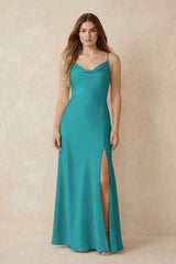 Spaghetti Strap Sheath Satin Bridesmaid Dress With Slit in Turquoise | KISSBRIDAL