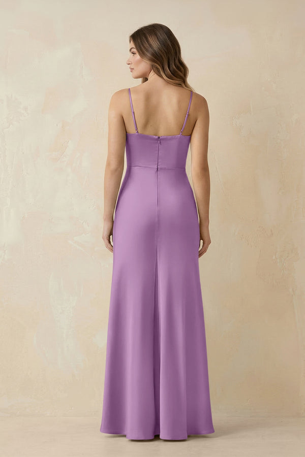 Spaghetti Strap Sheath Satin Bridesmaid Dress With Slit in Vintage Mauve - KISS BRIDAL Bridesmaid Dresses