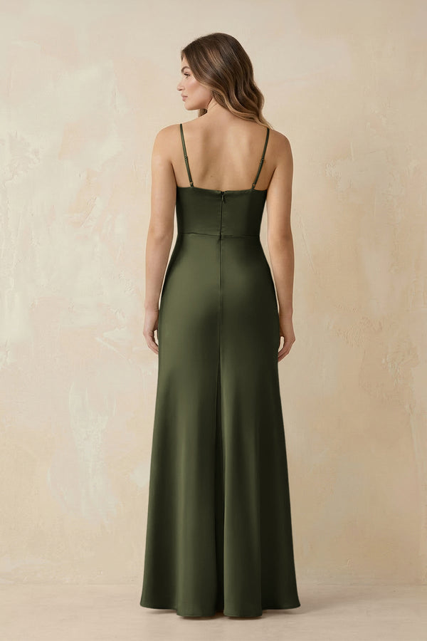 Spaghetti Strap Sheath Satin Bridesmaid Dress With Slit in Willow Green - KISS BRIDAL Bridesmaid Dresses