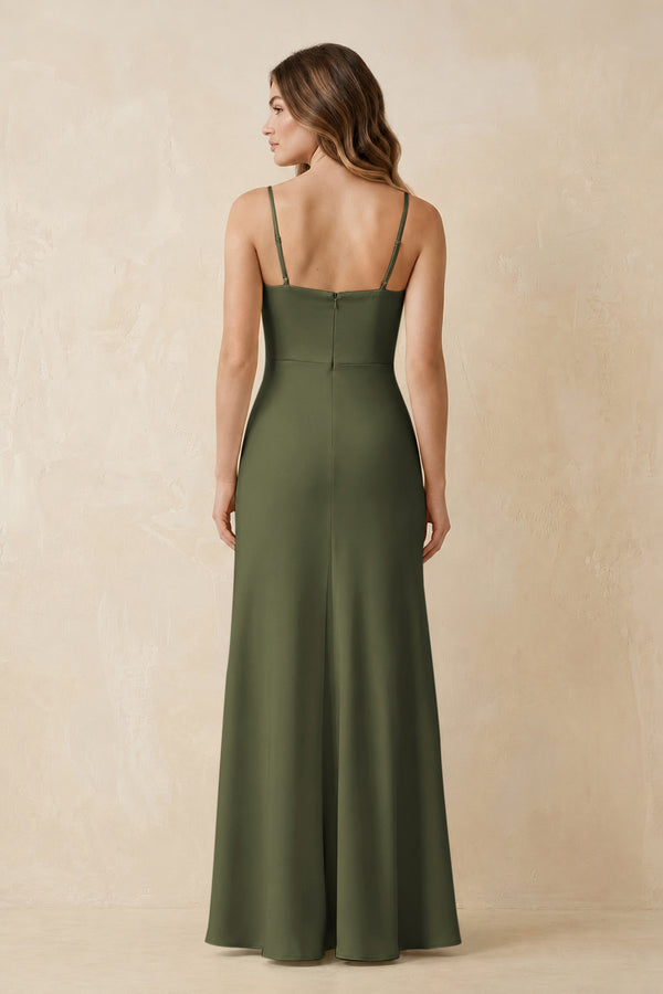 Spaghetti Strap Sheath Satin Bridesmaid Dress With Slit in Willow Green (2) | KISSBRIDAL