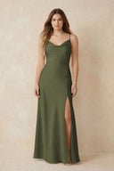 Spaghetti Strap Sheath Satin Bridesmaid Dress With Slit in Willow Green | KISSBRIDAL