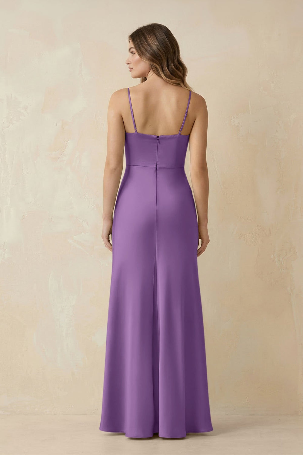 Spaghetti Strap Sheath Satin Bridesmaid Dress With Slit in Wisteria - KISS BRIDAL Bridesmaid Dresses