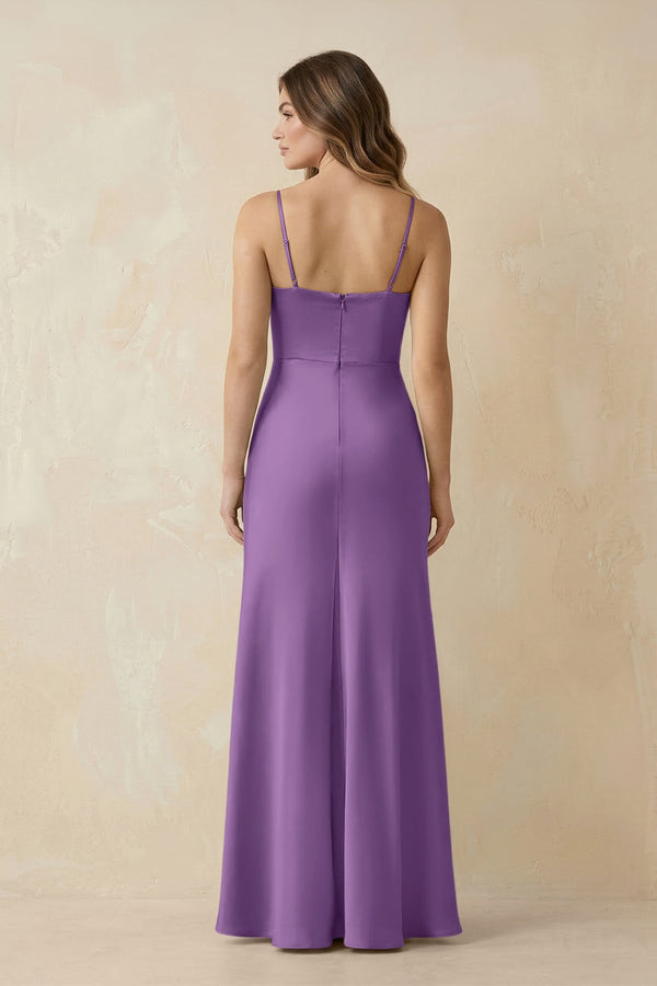 Spaghetti Strap Sheath Satin Bridesmaid Dress With Slit in Wisteria - KISS BRIDAL Bridesmaid Dresses