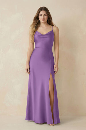 Spaghetti Strap Sheath Satin Bridesmaid Dress With Slit in Wisteria - KISS BRIDAL Bridesmaid Dresses