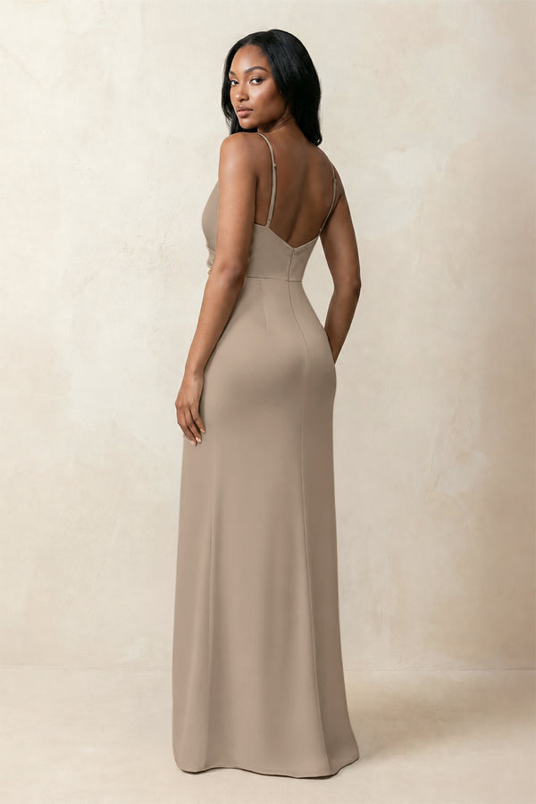 Spaghetti Strap Sheath Satin Ruched Bridesmaid Dress in Almond (2) | KISSBRIDAL
