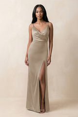 Spaghetti Strap Sheath Satin Ruched Bridesmaid Dress in Almond - KISS BRIDAL Bridesmaid Dresses