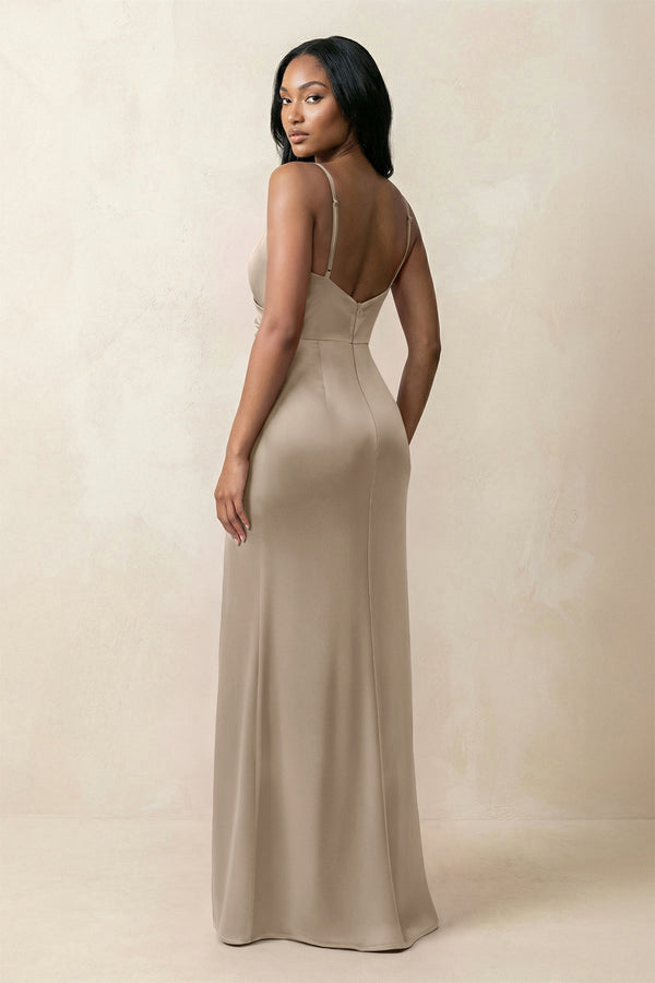 Spaghetti Strap Sheath Satin Ruched Bridesmaid Dress in Almond - KISS BRIDAL Bridesmaid Dresses