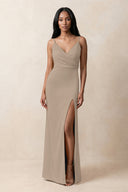 Spaghetti Strap Sheath Satin Ruched Bridesmaid Dress in Almond | KISSBRIDAL