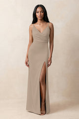 Spaghetti Strap Sheath Satin Ruched Bridesmaid Dress in Almond | KISSBRIDAL