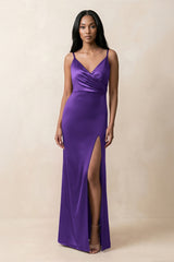 Spaghetti Strap Sheath Satin Ruched Bridesmaid Dress in Amethyst - KISS BRIDAL Bridesmaid Dresses