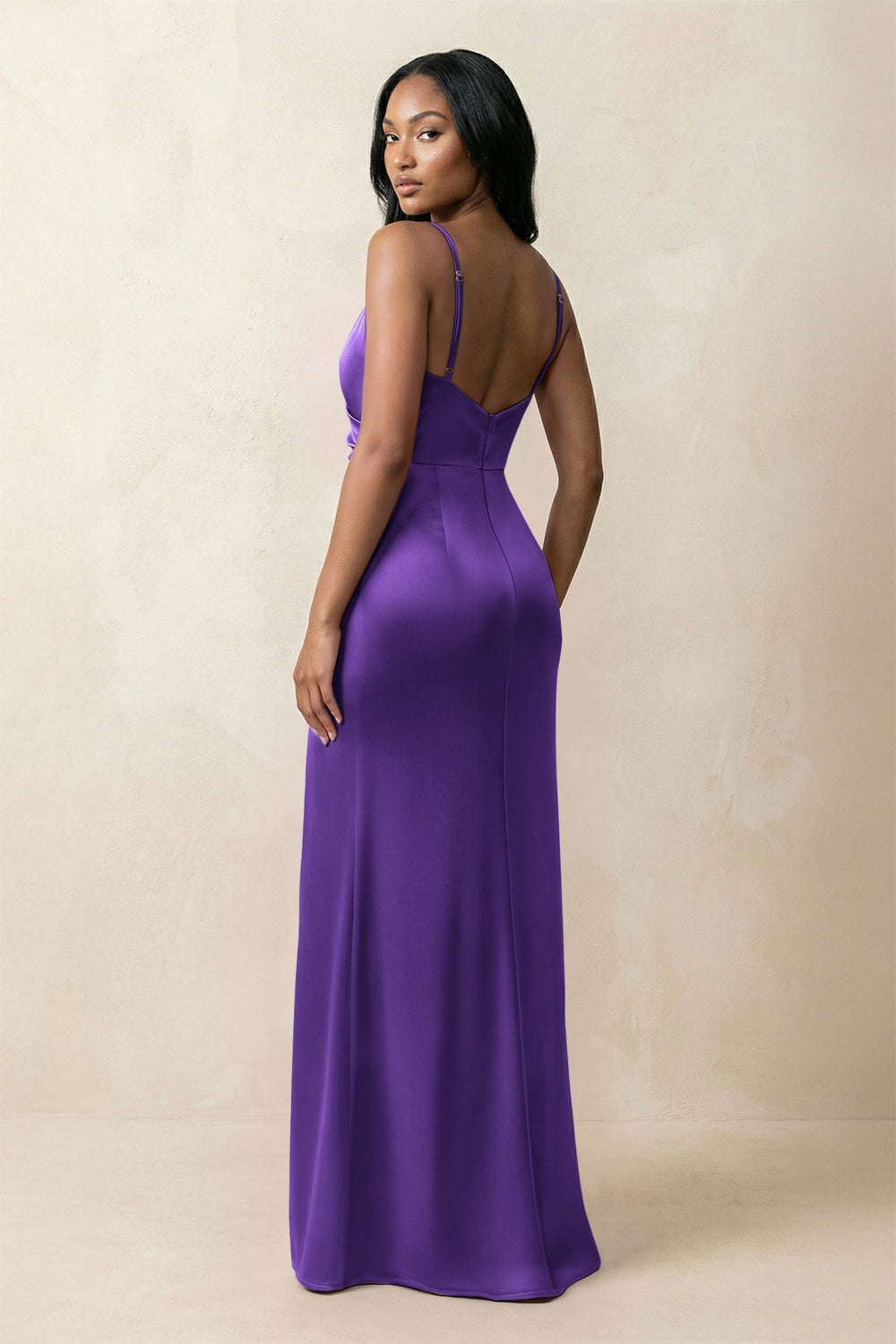 Spaghetti Strap Sheath Satin Ruched Bridesmaid Dress in Amethyst - KISS BRIDAL Bridesmaid Dresses
