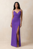 Spaghetti Strap Sheath Satin Ruched Bridesmaid Dress in Amethyst | KISSBRIDAL