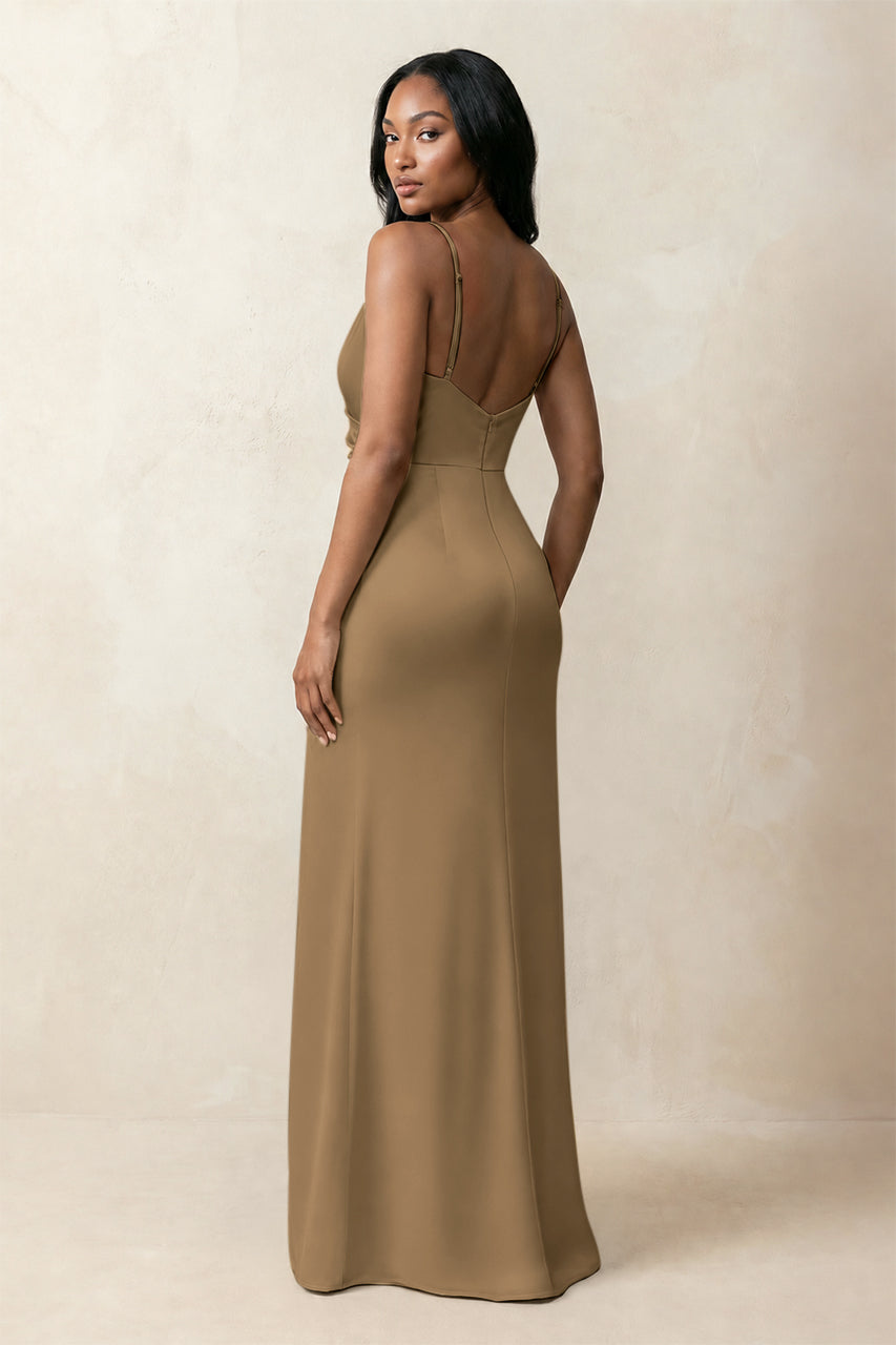 Spaghetti Strap Sheath Satin Ruched Bridesmaid Dress in Apple Cinnamon