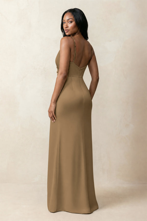 Spaghetti Strap Sheath Satin Ruched Bridesmaid Dress in Apple Cinnamon (2) | KISSBRIDAL